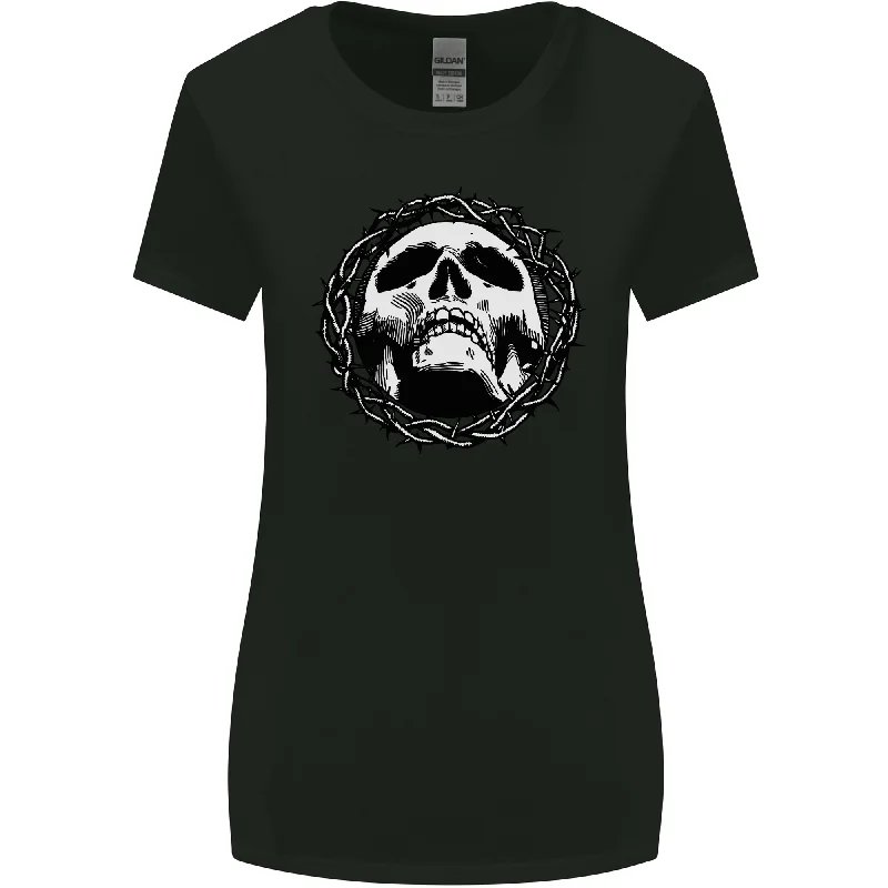 A Skull in Thorns Gothic Christ Jesus Womens Wider Cut T-Shirt Graphic Embroidered Appliqued