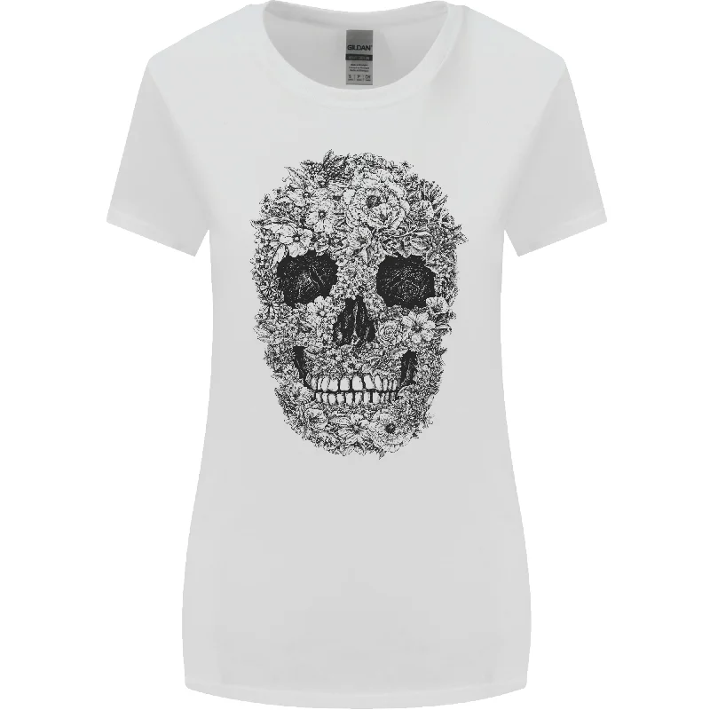 A Skull Made of Flowers Gothic Rock Biker Womens Wider Cut T-Shirt Ribbed Striped Patterned