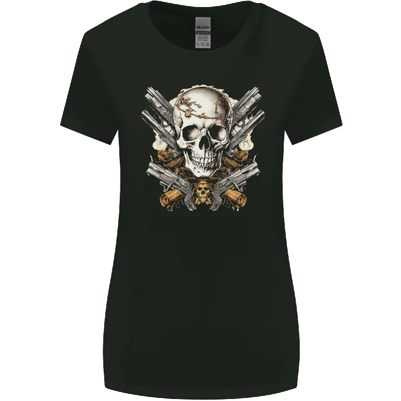 A Skull With Guns Cowboy Biker Womens Wider Cut T-Shirt Hooded Caped Shawl Collar