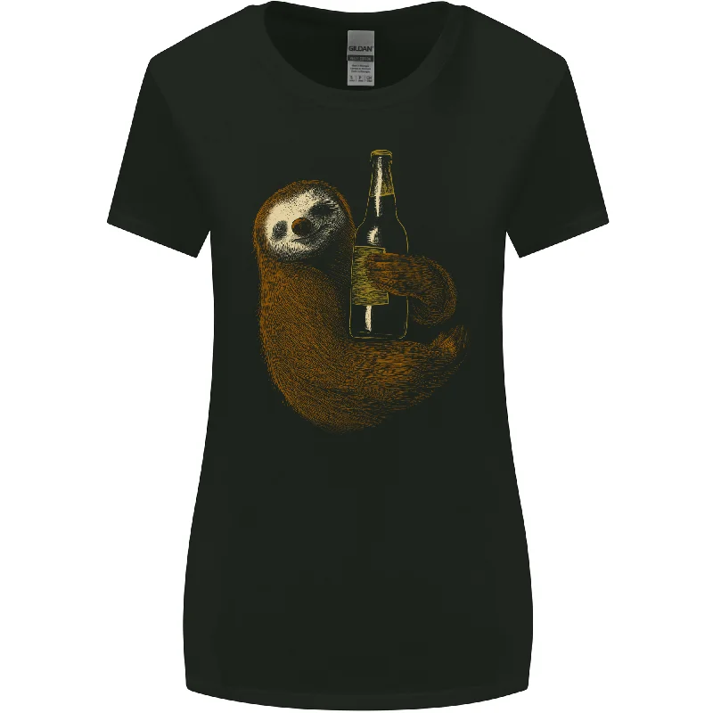 A Sloth With a Bottle of Beer Wine Cider Alcohol Womens Wider Cut T-Shirt Zippered Front Buttoned Front Snap Front