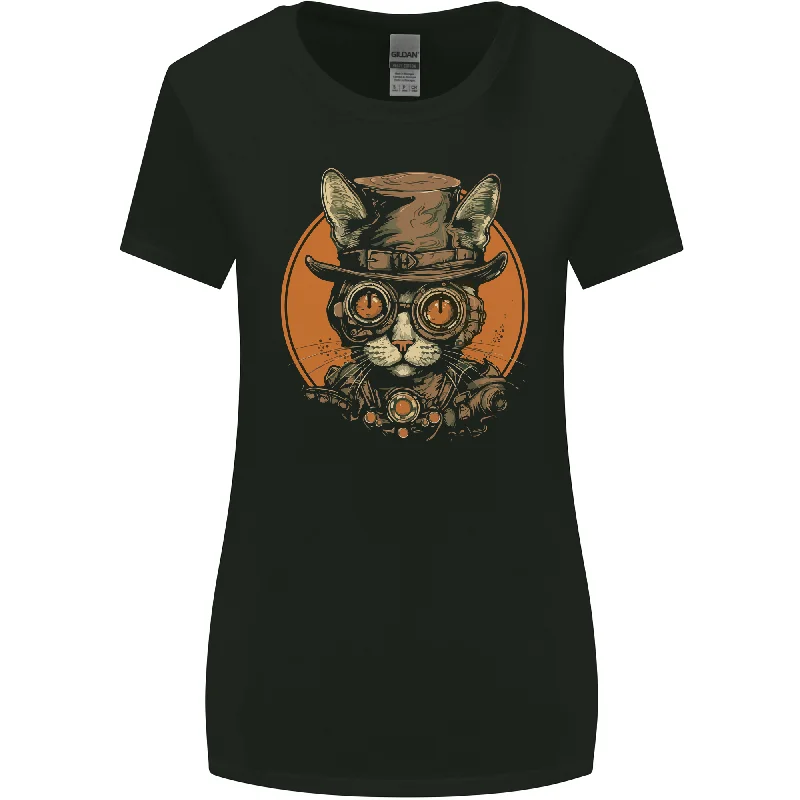 A Steampunk Cat With a Hat & Glasses Womens Wider Cut T-Shirt Zippered Buttoned Snapped