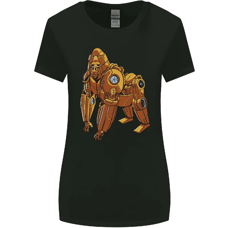 A Steampunk Gorilla Ape Womens Wider Cut T-Shirt Front Pockets Side Pockets Patch Pockets