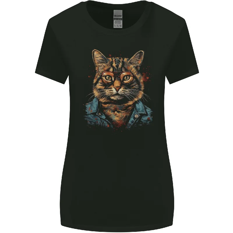 A Streetwise Cat With Glasses Womens Wider Cut T-Shirt Striped Floral Plaid