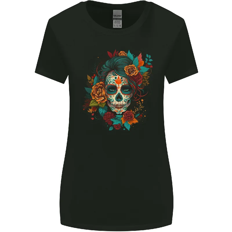 A Sugar Skull With Flowers Day of the Dead Womens Wider Cut T-Shirt Zippered Buttoned Snapped