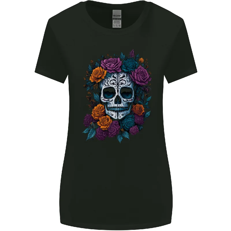 A Sugar Skull With Roses Day of the Dead DOTD Womens Wider Cut T-Shirt Rayon Velvet Corduroy