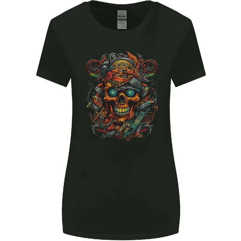 A Twisted FUBAR Skull Demon Pirate Womens Wider Cut T-Shirt Notch Collar Peter Pan Collar Cowl Neck