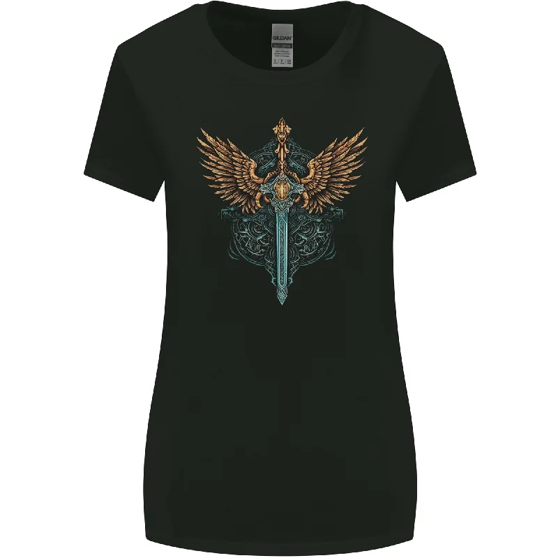 A Viking Sword With Wings Excalibur Tribal Womens Wider Cut T-Shirt Fleece Fabric Down Fabric Feather Fabric