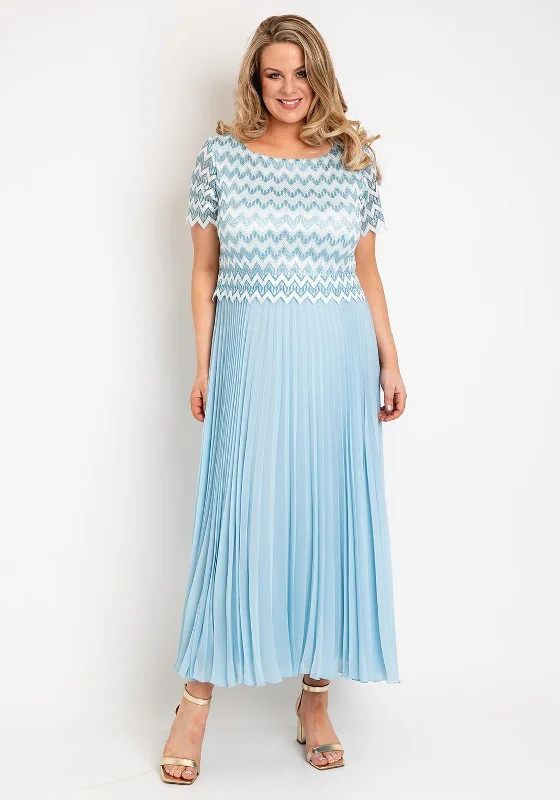 Allison Zig Zag Lace Overlay Pleated Maxi Dress, Sky Blue Stylish Long Sleeve Maxi Dress Allison Zig Zag Lace Overlay Pleated Maxi Dress, Sky Blue Stylish Long Sleeve Maxi Dress
