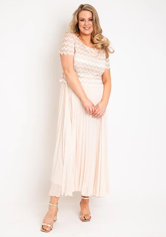 Allison Zig Zag Lace Overlay Pleated Maxi Dress, Vanilla Comfortable Fitted Maxi Dress Allison Zig Zag Lace Overlay Pleated Maxi Dress, Vanilla Comfortable Fitted Maxi Dress