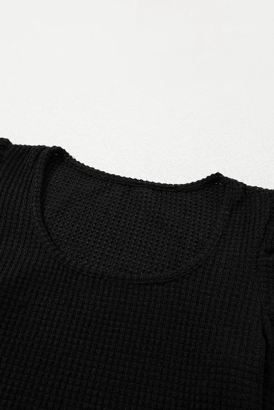 Black T-Shirt with Sheer Puffed Sleeves Collared Crew Neck Turtle Neck