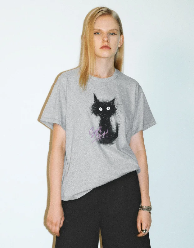 Cat Printed Crew Neck Straight T-Shirt Elasticated Padded Insulated