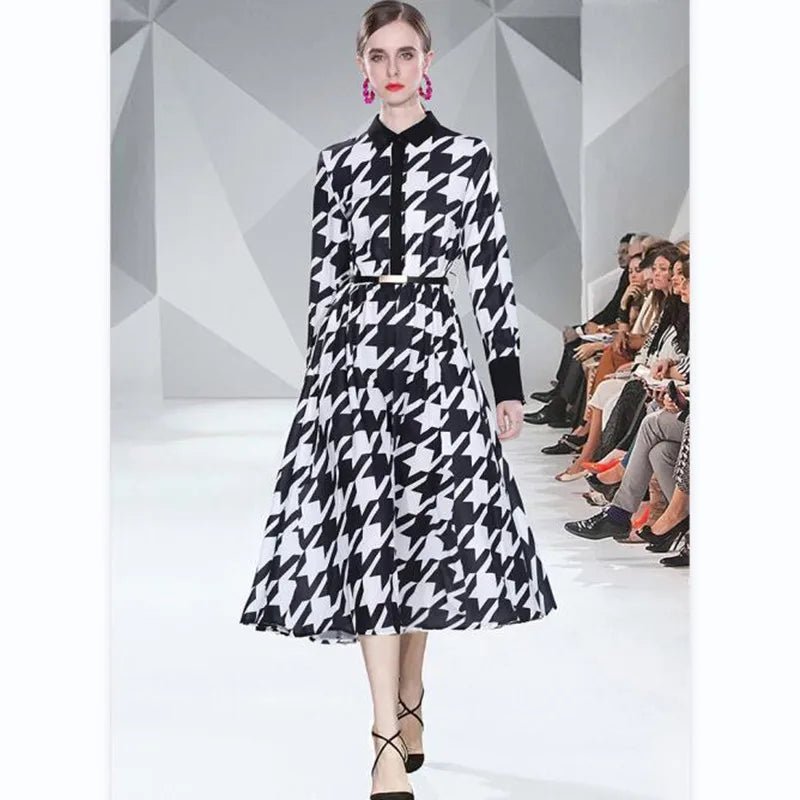Chic Black/Green Houndstooth Maxi Dress: Elegant Lapel, Long Sleeve, Elastic Waist Design for Women Trendy Floral Print Maxi Dress Chic Black/Green Houndstooth Maxi Dress: Elegant Lapel, Long Sleeve, Elastic Waist Design for Women Trendy Floral Print Maxi Dress