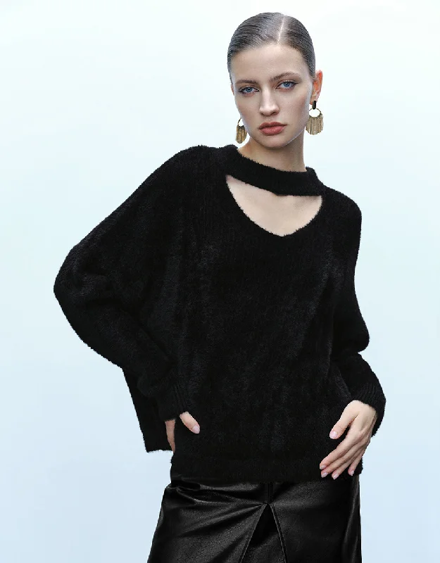 Keyhole Neck Knitted T-Shirt Welt Pockets Slit Pockets Flap Pockets