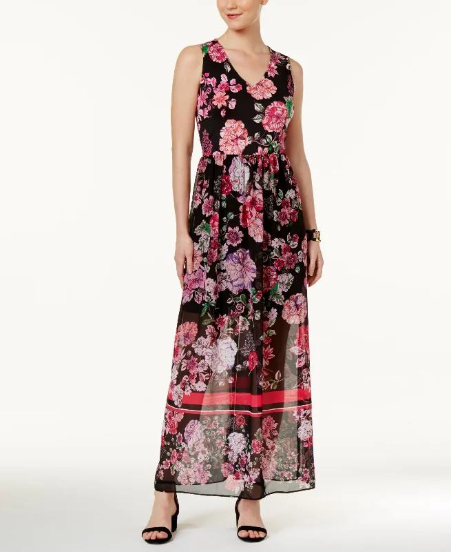 Eci Floral Print Mixed Media Maxi Dress Comfortable Ruffle Hem Maxi Dress