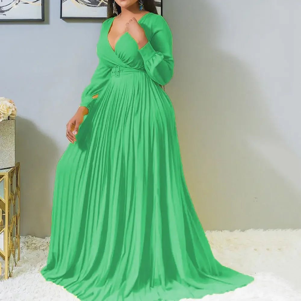 Elegant Solid Color African Maxi Dress for Women - Long Sleeve V-neck, Spring Summer Pleated Fashionable High-Low Maxi Dress Elegant Solid Color African Maxi Dress for Women - Long Sleeve V-neck, Spring Summer Pleated Fashionable High-Low Maxi Dress