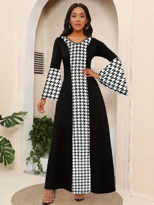 Ethnic Print Splicing Dress, Elegant Flared Sleeve V-Neck Maxi Dress Fashionable Layered Maxi Dress Ethnic Print Splicing Dress, Elegant Flared Sleeve V-Neck Maxi Dress Fashionable Layered Maxi Dress