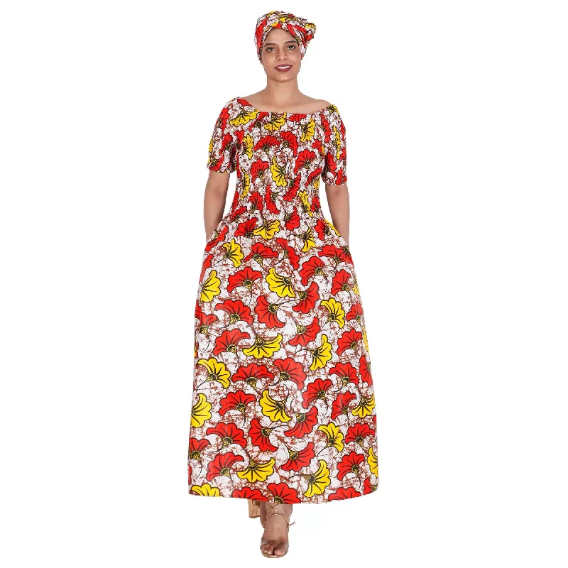 Women's Printed Smocking Short Sleeve Maxi Dress - FI-50071 Elegant Pleated Maxi Dress Women's Printed Smocking Short Sleeve Maxi Dress - FI-50071 Elegant Pleated Maxi Dress