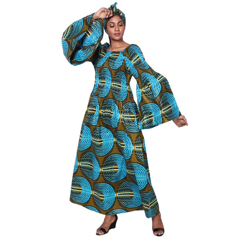 Women's Long Sleeve Smocking Maxi Dress with Bell Sleeves -- FI-50072 Trendy Off-Shoulder Ruffle Maxi Dress Women's Long Sleeve Smocking Maxi Dress with Bell Sleeves -- FI-50072 Trendy Off-Shoulder Ruffle Maxi Dress