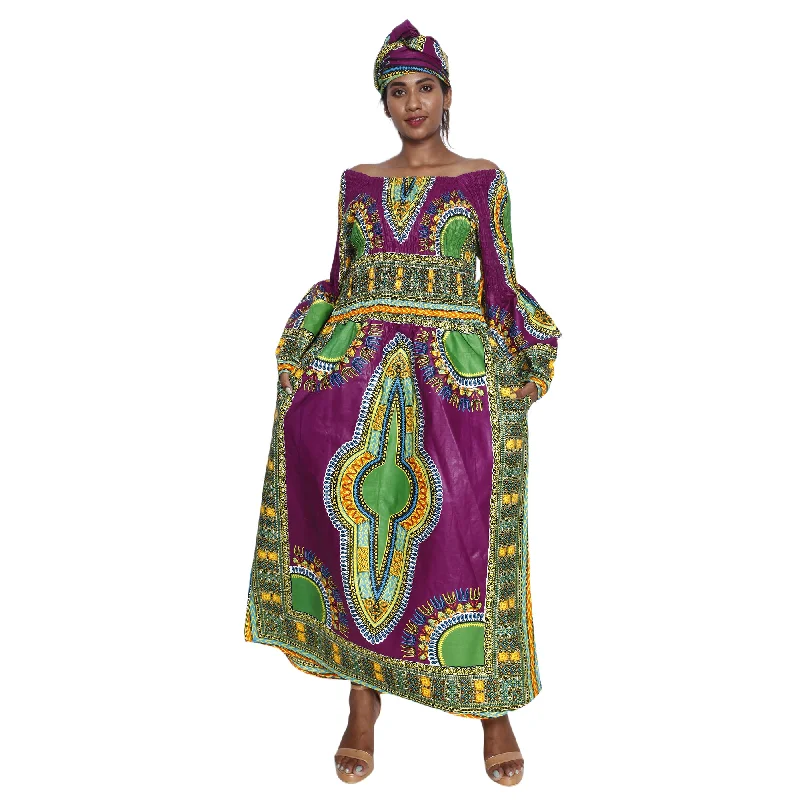African Women's Dashiki Long Sleeve Maxi Dress with Smocking -- FI-5007FS Cozy Longline Maxi Dress African Women's Dashiki Long Sleeve Maxi Dress with Smocking -- FI-5007FS Cozy Longline Maxi Dress