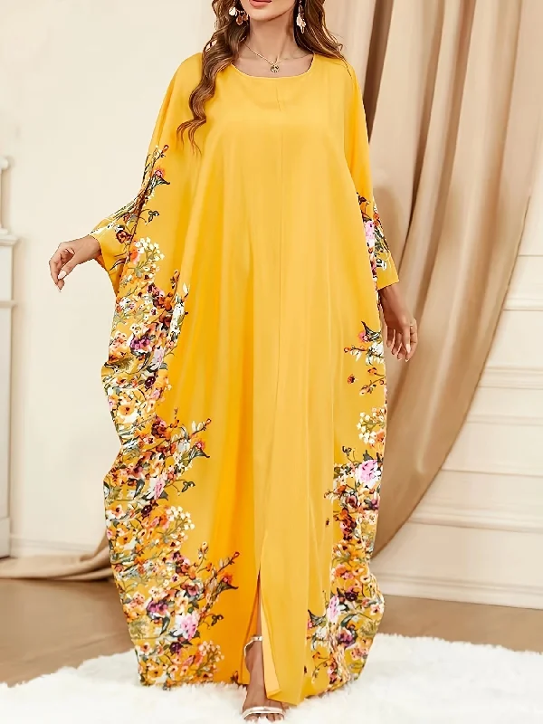 Ramadan Floral Print Crew Neck Kaftan, Elegant Batwing Sleeve Split Maxi Dress Trendy Floral Print Maxi Dress Ramadan Floral Print Crew Neck Kaftan, Elegant Batwing Sleeve Split Maxi Dress Trendy Floral Print Maxi Dress