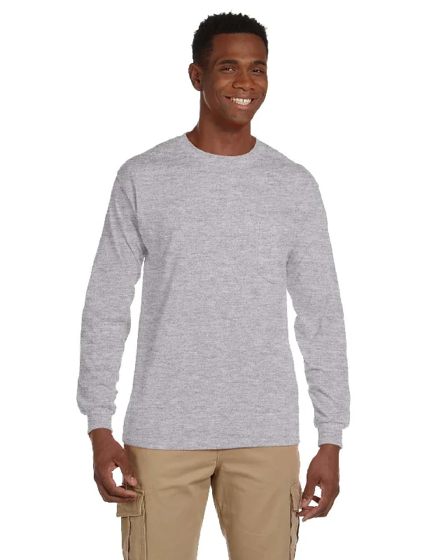 Gildan Ultra Cotton Long Sleeve Pocket T-Shirt | Sport Grey Nylon Fabric Polyester Fabric Spandex Fabric