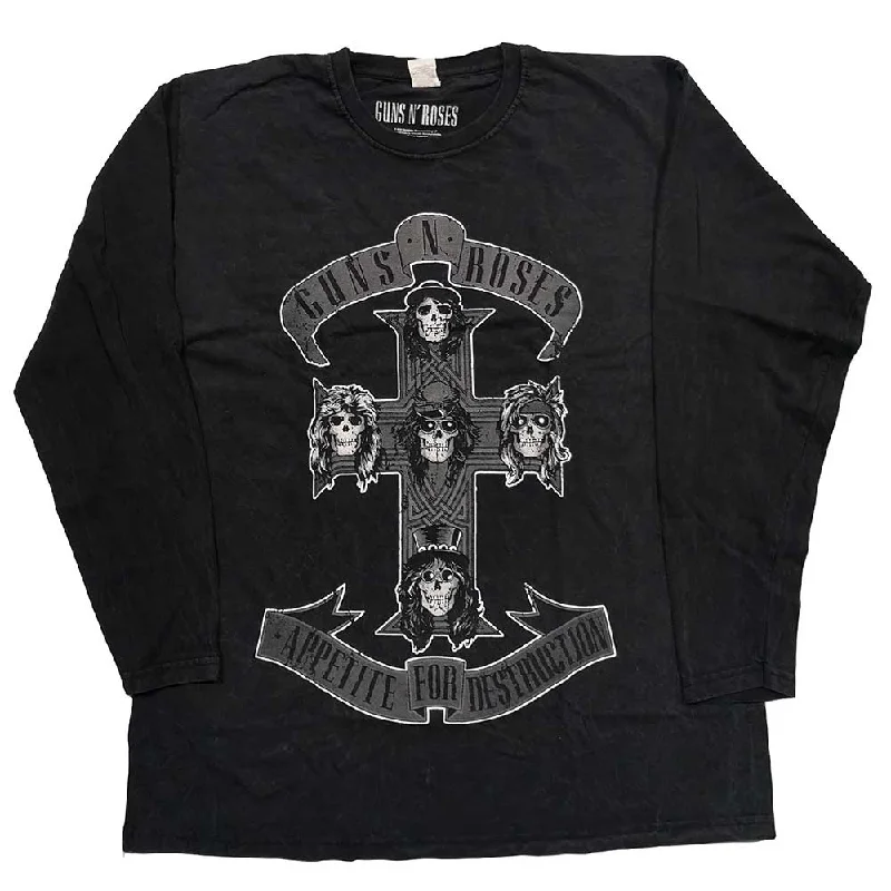 Guns N' Roses Unisex Long Sleeved T-Shirt: Monochrome Cross (Dip-Dye) Basic T-Shirt Crew Neck Short Sleeve