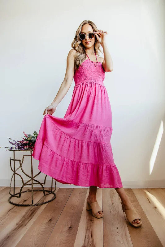 Halter Neck Tiered Maxi Dress for Women in Pink | ND30242-FUCHSIA Trendy Short Sleeve Maxi Dress Halter Neck Tiered Maxi Dress for Women in Pink | ND30242-FUCHSIA Trendy Short Sleeve Maxi Dress