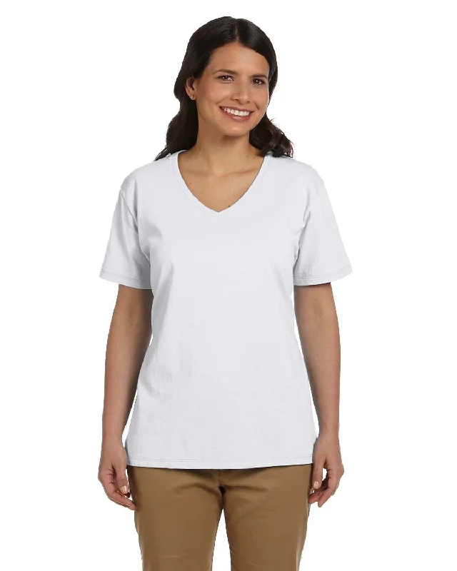 Hanes Ladies ComfortSoft V-Neck Cotton T-Shirt | White Houndstooth Herringbone Solid