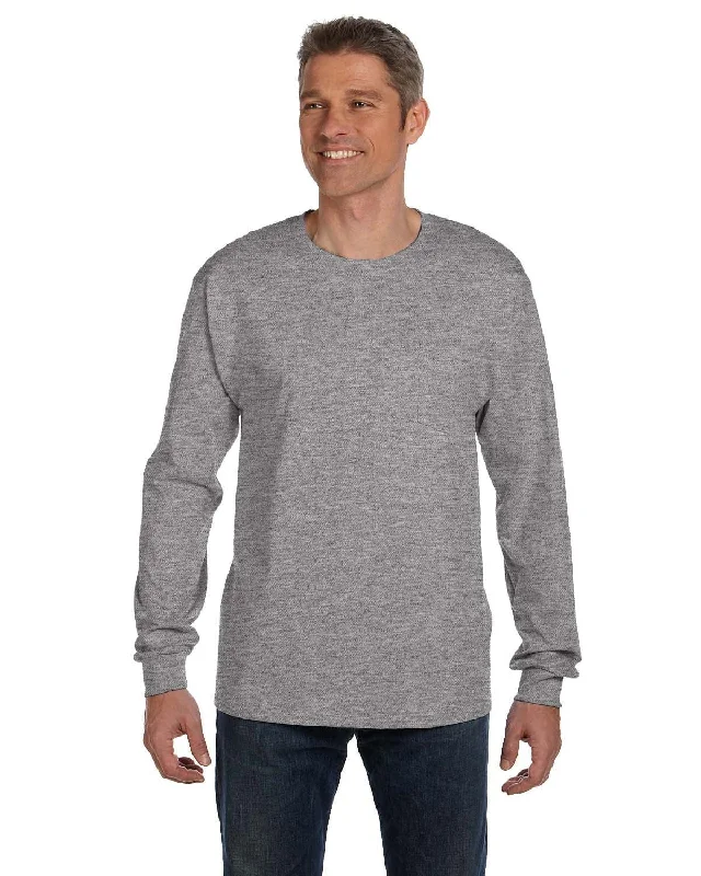 Hanes Tagless Long Sleeve Pocket T-Shirt | Light Steel Iron Safe Non-Iron Wrinkle Free