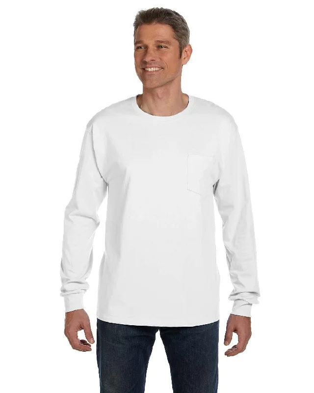 Hanes Tagless Long Sleeve Pocket T-Shirt | White Fleece Fabric Down Fabric Feather Fabric