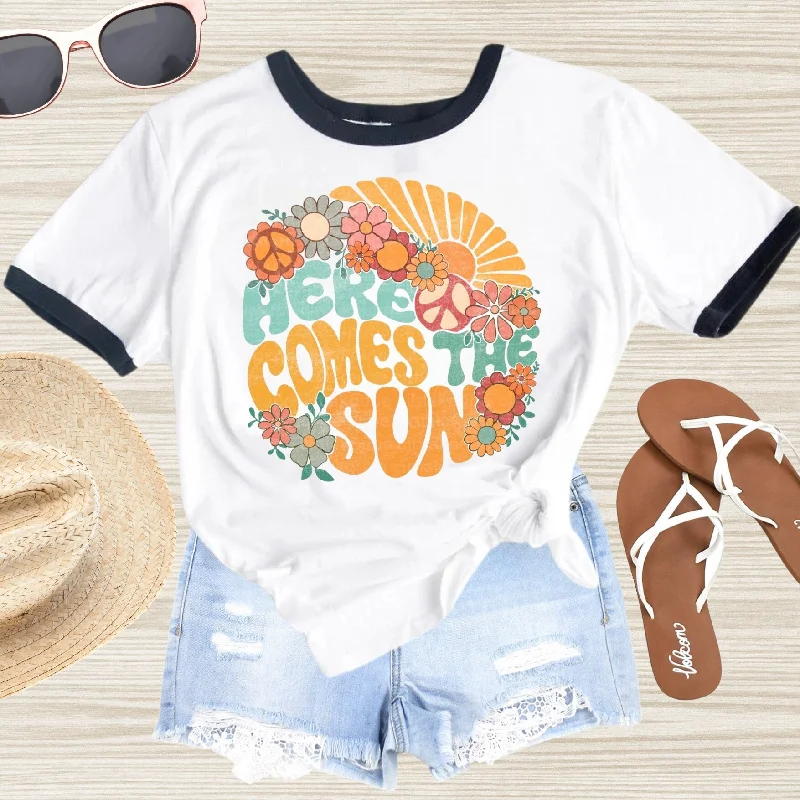 Here Comes the Sun Boho Beach Ringer Tee - Beach Aesthetic Shirt - Summer Vacation Shirt - Ringer Tee - Beach Sunshine t-shirt Casual Formal Business Here Comes the Sun Boho Beach Ringer Tee - Beach Aesthetic Shirt - Summer Vacation Shirt - Ringer Tee - Beach Sunshine t-shirt Casual Formal Business