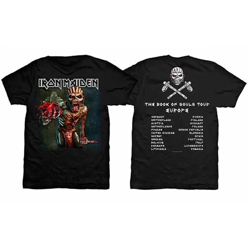 Iron Maiden Unisex Premium T-Shirt: The Book of Souls European Tour (Version 1) Notch Collar Peter Pan Collar Cowl Neck