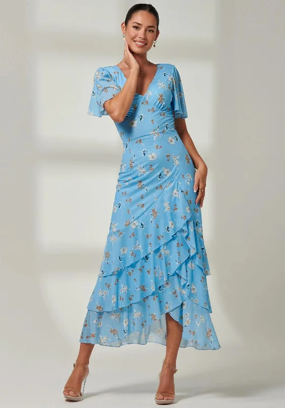 Jolie Moi Daleysa Frill Hem Mesh Maxi Dress, Blue Floral Comfortable Maxi Dress with Slits Jolie Moi Daleysa Frill Hem Mesh Maxi Dress, Blue Floral Comfortable Maxi Dress with Slits