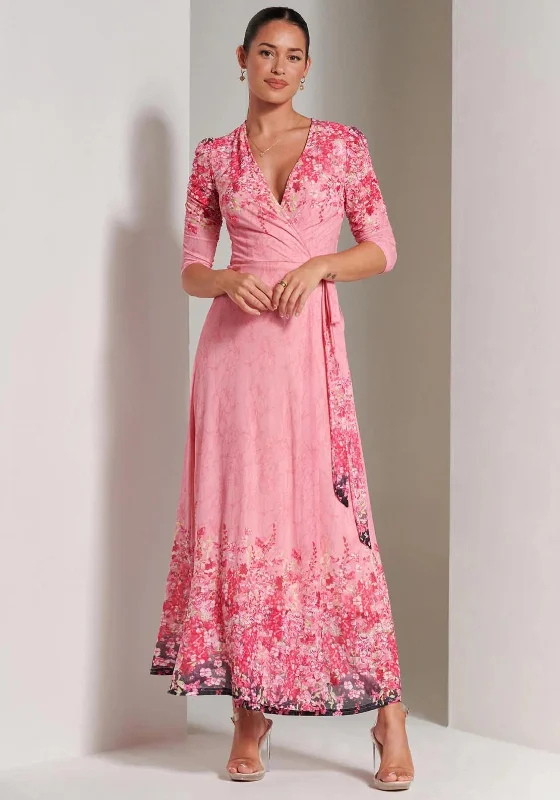 Jolie Moi Peggy Ruched Sleeve Wrap Mesh Maxi Dress, Pink Multi Elegant Pleated Maxi Dress Jolie Moi Peggy Ruched Sleeve Wrap Mesh Maxi Dress, Pink Multi Elegant Pleated Maxi Dress