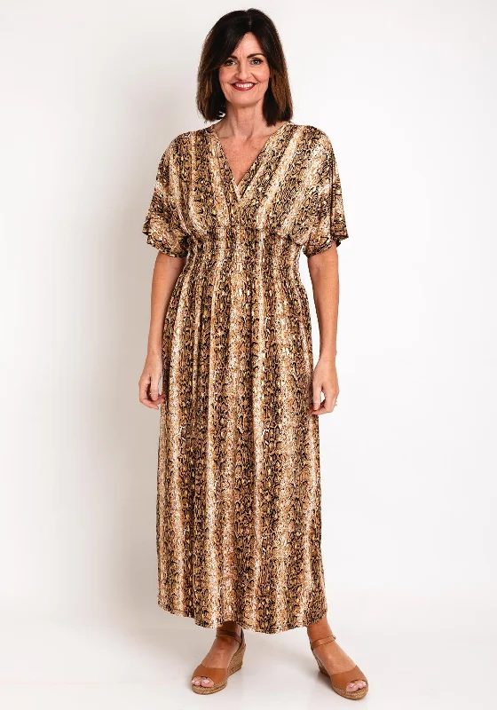 Serafina Collection One Size Reptile Print Maxi Dress, Brown Gold Stylish Long Sleeve Maxi Dress Serafina Collection One Size Reptile Print Maxi Dress, Brown Gold Stylish Long Sleeve Maxi Dress