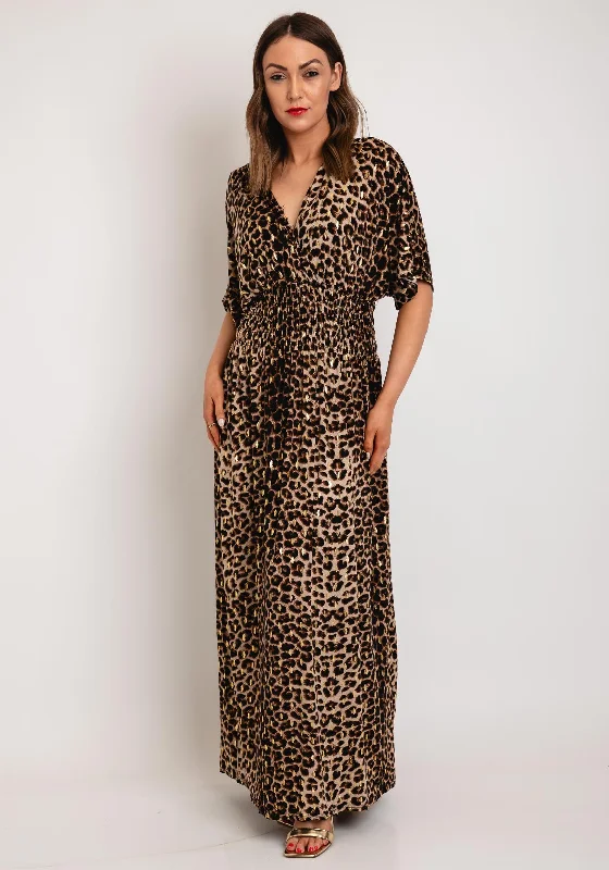 Serafina Collection One Size Leopard Print Maxi Dress, Brown & Gold Cozy Maxi Dress with Slit Serafina Collection One Size Leopard Print Maxi Dress, Brown & Gold Cozy Maxi Dress with Slit