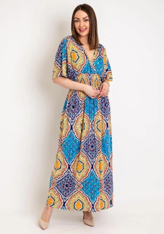 Serafina Collection One Size Ornate Print Maxi Dress, Blue Multi Cozy Maxi Dress with Slit Serafina Collection One Size Ornate Print Maxi Dress, Blue Multi Cozy Maxi Dress with Slit