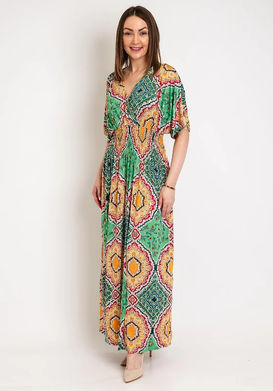 Serafina Collection One Size Ornate Print Maxi Dress, Green Multi Elegant Boho Maxi Dress Serafina Collection One Size Ornate Print Maxi Dress, Green Multi Elegant Boho Maxi Dress