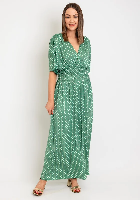 Serafina Collection One Size Polka Dot Maxi Dress, Green Stylish Maxi Dress with Pleats Serafina Collection One Size Polka Dot Maxi Dress, Green Stylish Maxi Dress with Pleats