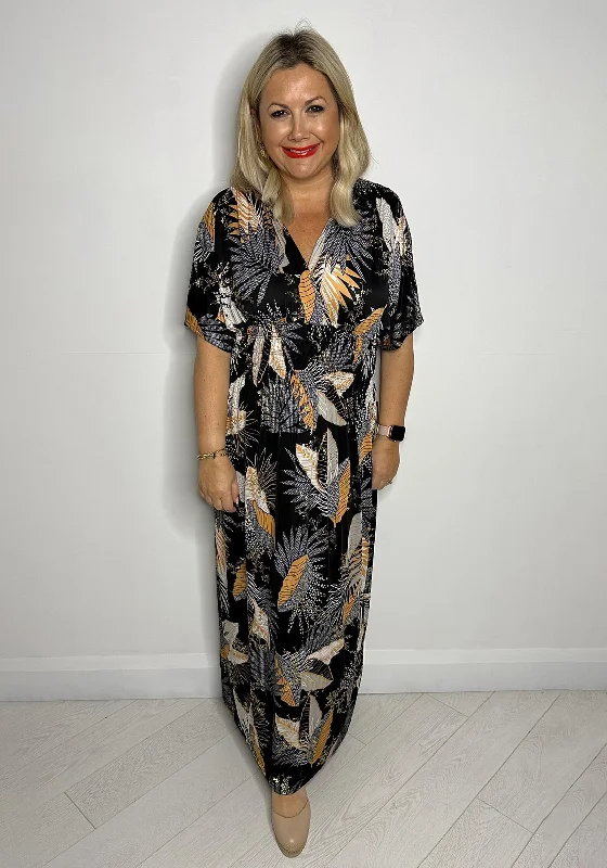 Serafina Collection One Size Leaf Print Maxi Dress, Black Elegant Maxi Dress with Pockets Serafina Collection One Size Leaf Print Maxi Dress, Black Elegant Maxi Dress with Pockets
