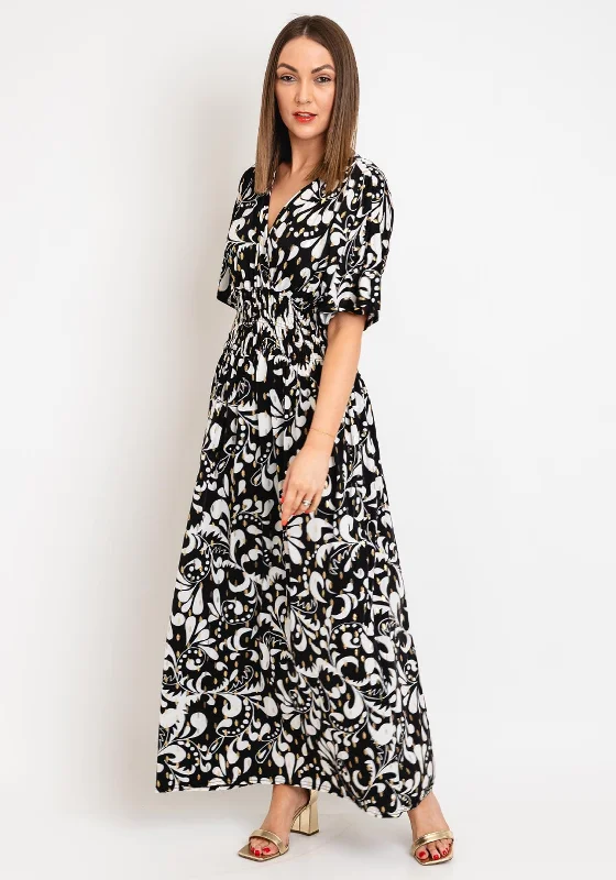 Serafina Collection One Size Metallic Print Maxi Dress, Black Elegant Maxi Dress with Ruffles Serafina Collection One Size Metallic Print Maxi Dress, Black Elegant Maxi Dress with Ruffles
