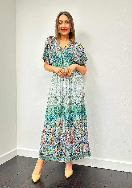 Serafina Collection One Size Paisley Maxi Dress, Green Fashionable Maxi Dress with Fringe Serafina Collection One Size Paisley Maxi Dress, Green Fashionable Maxi Dress with Fringe