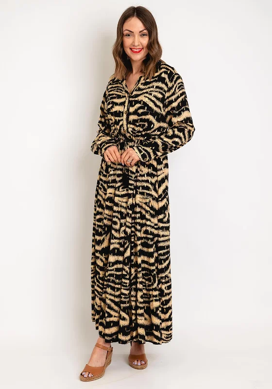 Serafina Collection One Size Drawstring Waist Maxi Dress, Black & Gold Trendy Fit-and-Flare Maxi Dress Serafina Collection One Size Drawstring Waist Maxi Dress, Black & Gold Trendy Fit-and-Flare Maxi Dress