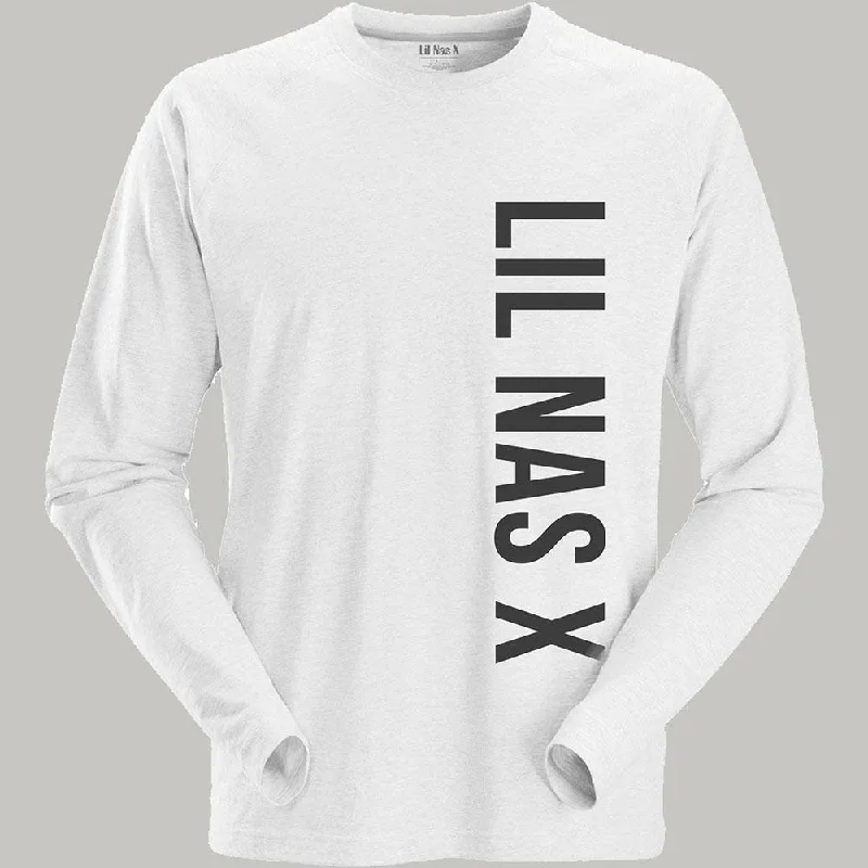 Lil Nas X Long Sleeved T-Shirt: Vertical Text Notch Collar Peter Pan Collar Cowl Neck