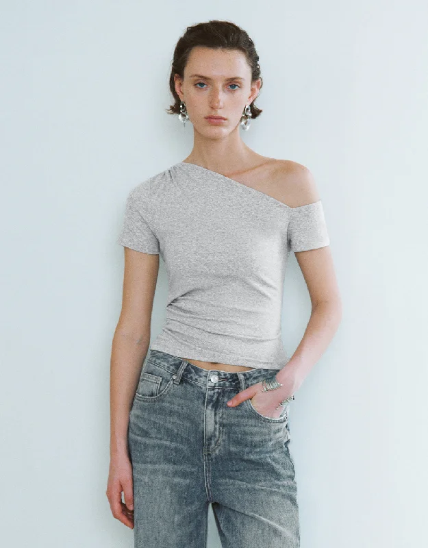 One Shoulder Knitted Skinny T-Shirt Solid Print Embellished