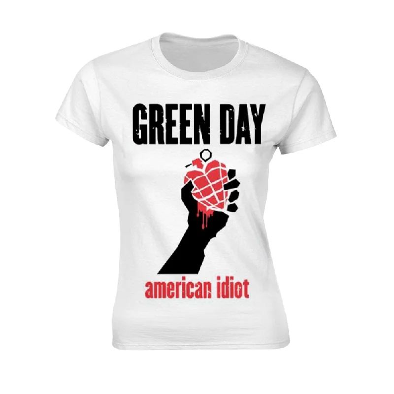 Green Day Ladies Ladies T-shirt: American Idiot Heart (White) (back print) Ribbed Striped Patterned