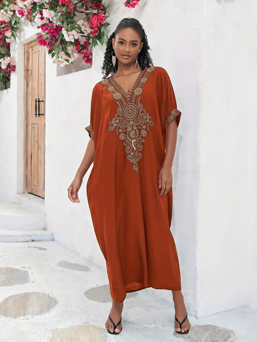 Plus Size Boho Maxi Dress for Ramadan, Women's V Neck Geometric Print Kaftan with Batwing Sleeves Classic Solid Maxi Dress Plus Size Boho Maxi Dress for Ramadan, Women's V Neck Geometric Print Kaftan with Batwing Sleeves Classic Solid Maxi Dress