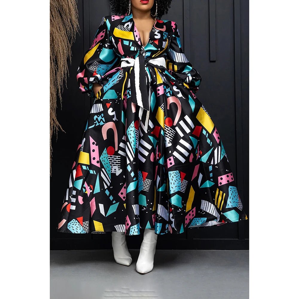 Plus Size Business Casual Maxi Dress: Black All Over Print with Lantern Sleeves and Pocket Elegant Pleated Maxi Dress Plus Size Business Casual Maxi Dress: Black All Over Print with Lantern Sleeves and Pocket Elegant Pleated Maxi Dress