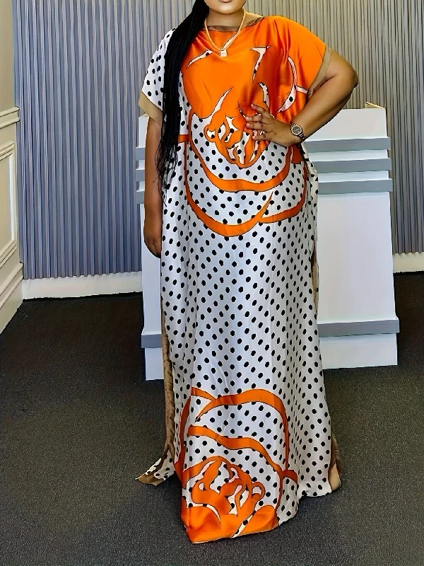 Plus Size Polka Dot Print Kaftan Dress, Modest Crew Neck Short Sleeve Maxi Dress Cozy Knitted Maxi Dress Plus Size Polka Dot Print Kaftan Dress, Modest Crew Neck Short Sleeve Maxi Dress Cozy Knitted Maxi Dress