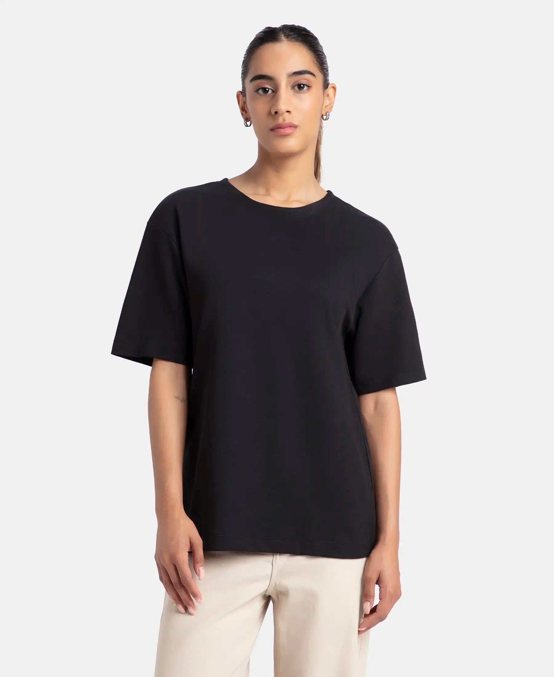 Polyester Cotton Oversized Fit Solid T-Shirt with StayFresh Treatment - Black Wool Fabric Cashmere Fabric Tweed Fabric Polyester Cotton Oversized Fit Solid T-Shirt with StayFresh Treatment - Black Wool Fabric Cashmere Fabric Tweed Fabric